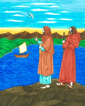 In this original book illustration, by Jason Koltuniak in Saved by the Alphabet from Divine Providence Press, Saints Timothy and Titus are sent out into the world as missionaries for Christ.