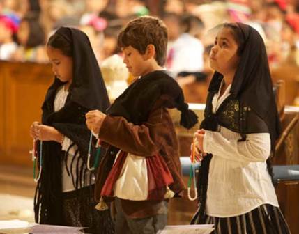 The Blessed Virgin Mary appeared to three shepherd children in Fatima, Portugal in 1917: Lucia, Francisco, and Jacinta.