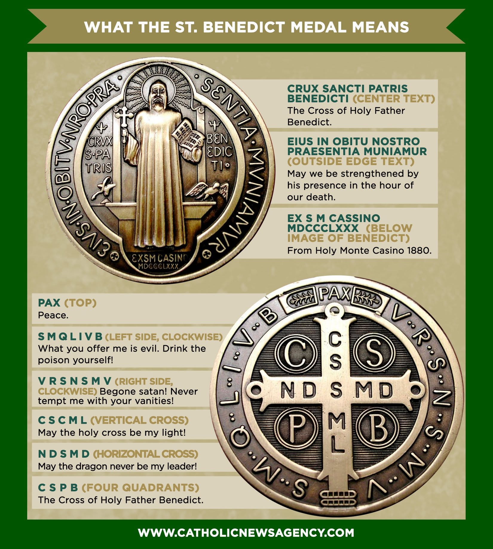 The Saint Benedict Medal is a sacramental of the Holy Roman Catholic Church for spiritual protection.